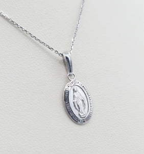 Oval Miraculous Medal (Mother Mary) & Chain - 14K White Gold