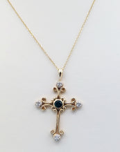 Load image into Gallery viewer, Emerald &amp; Diamond Filigree Cross &amp; Chain - 14K Yellow Gold