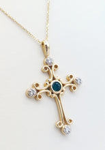 Load image into Gallery viewer, Emerald &amp; Diamond Filigree Cross &amp; Chain - 14K Yellow Gold