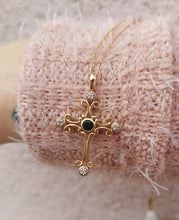 Load image into Gallery viewer, Emerald &amp; Diamond Filigree Cross &amp; Chain - 14K Yellow Gold