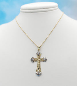 Two Tone Filigree Cross & Chain - 14K Yellow Gold