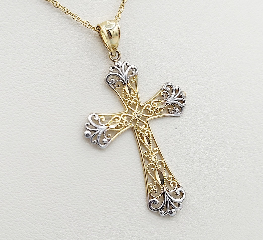 Two Tone Filigree Cross & Chain - 14K Yellow Gold