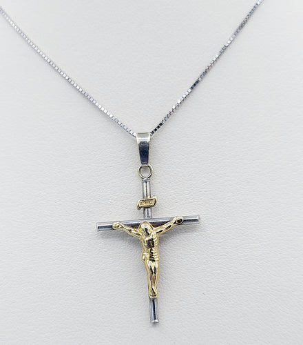 Two Tone Crucifix Cross & Chain  - 14K White & Yellow Gold