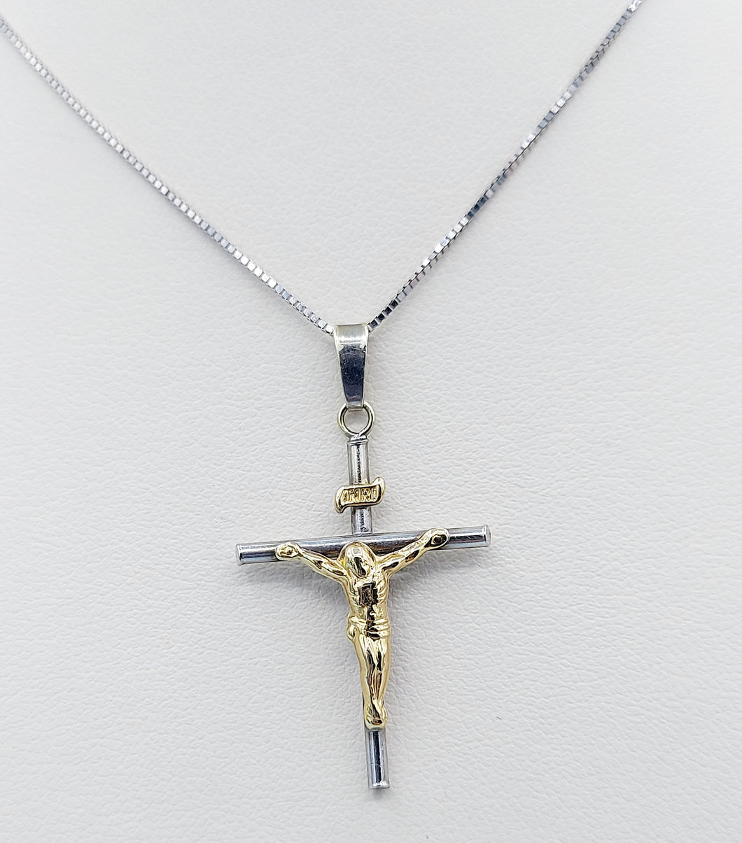 Two Tone Crucifix Cross & Chain  - 14K White & Yellow Gold