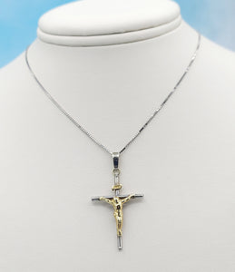 Two Tone Crucifix Cross & Chain  - 14K White & Yellow Gold