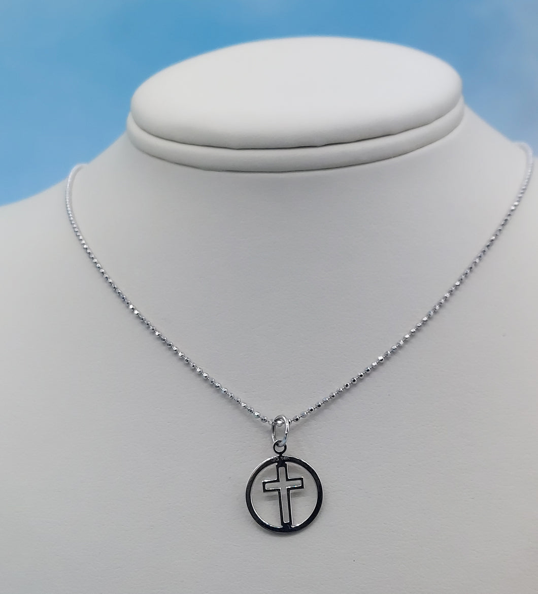 Cross in a Circle & Ball Chain - 14K White Gold