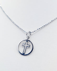 Cross in a Circle & Ball Chain - 14K White Gold