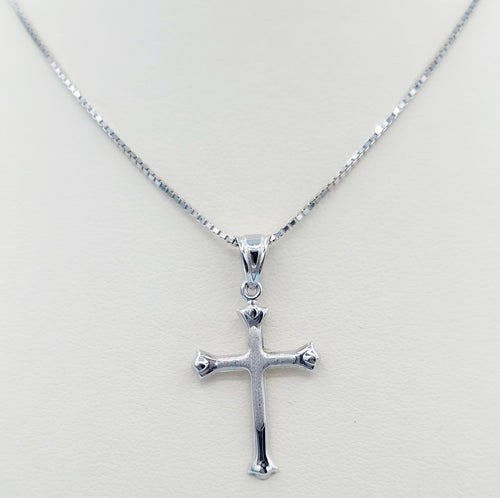 Matte & Polished Cross on Box Chain - 14K White Gold