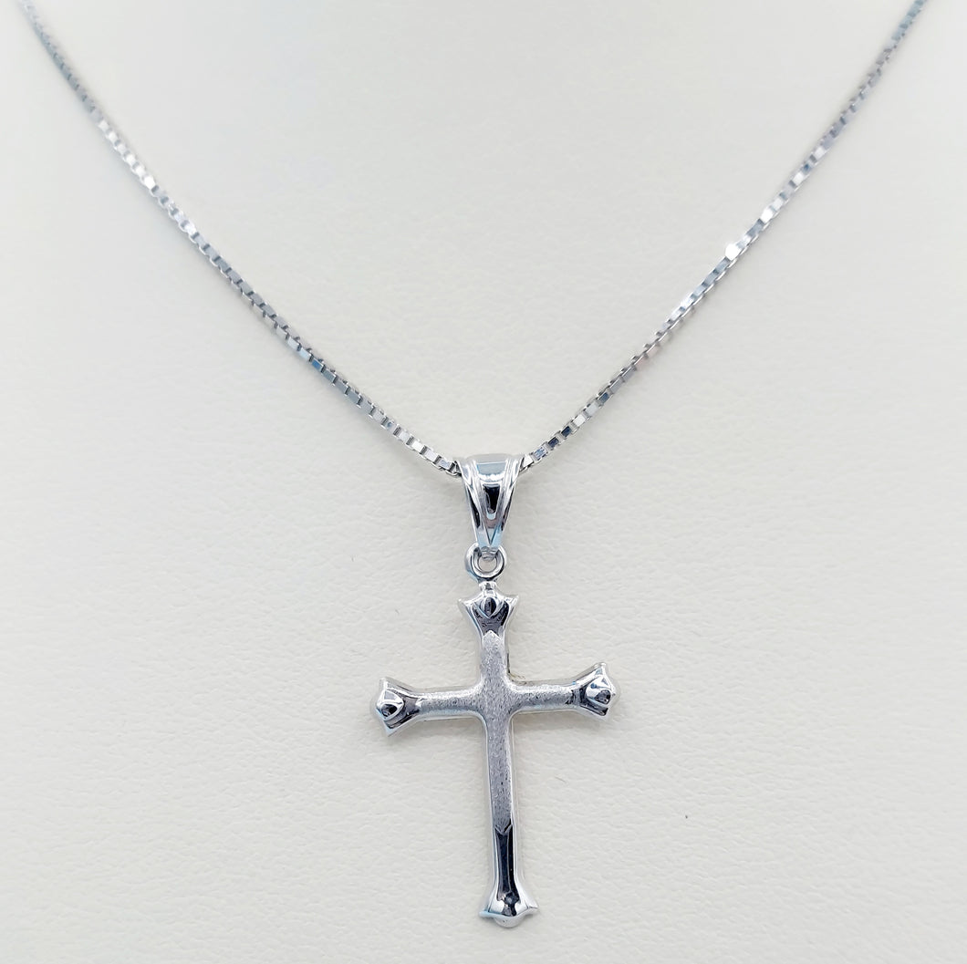 Matte & Polished Cross on Box Chain - 14K White Gold