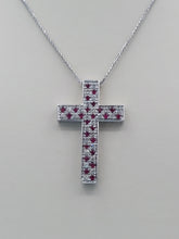 Load image into Gallery viewer, Ruby &amp; Diamond Cross Pendant on Wheat Chain - 14K White Gold