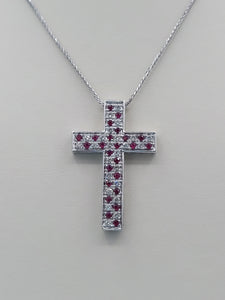 Ruby & Diamond Cross Pendant on Wheat Chain - 14K White Gold