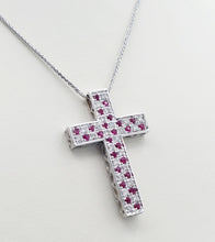 Load image into Gallery viewer, Ruby &amp; Diamond Cross Pendant on Wheat Chain - 14K White Gold