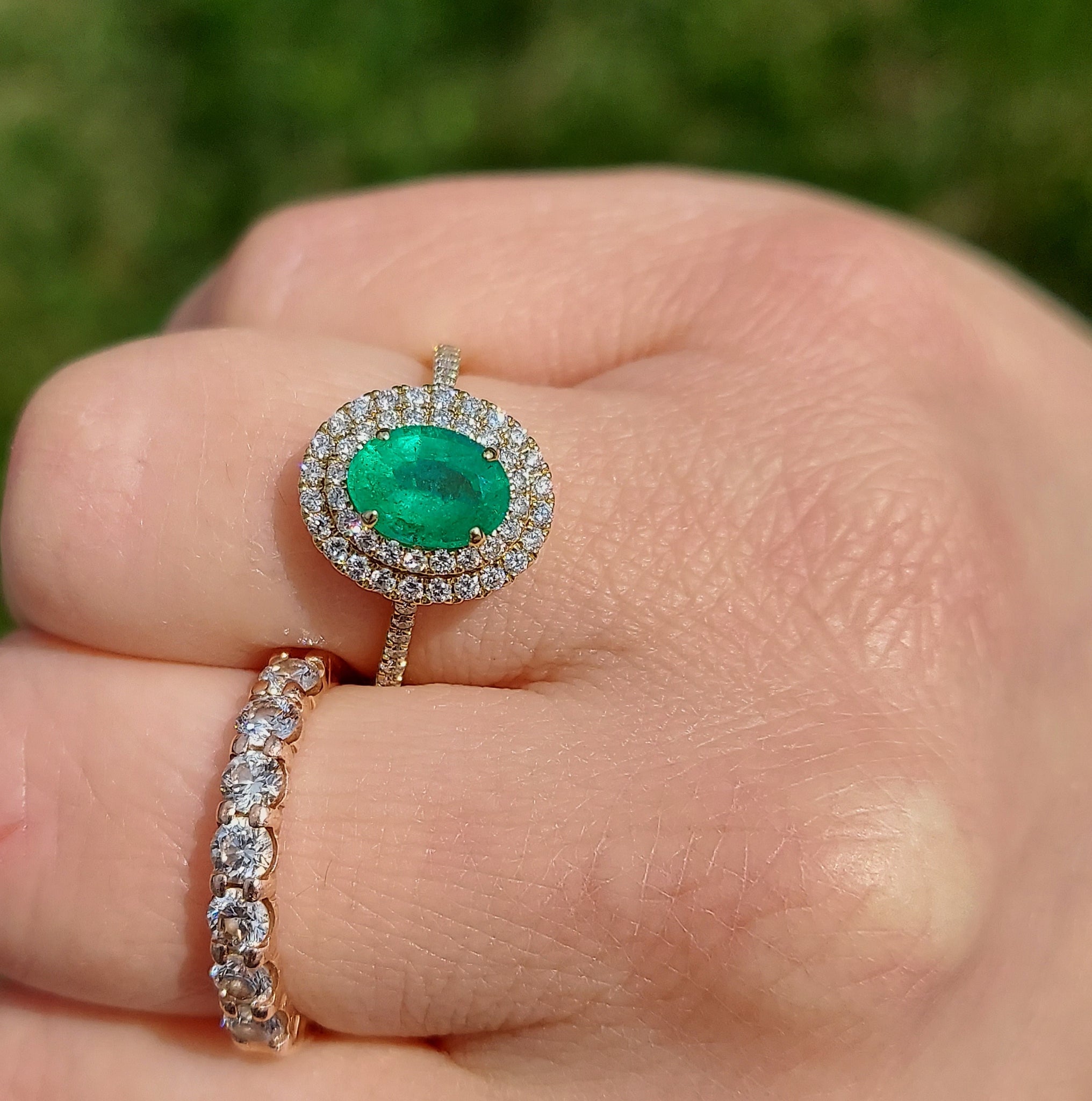 14K Yellow Gold top Oval Emerald Halo Ring