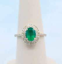 Load image into Gallery viewer, Oval Emerald with Diamond Double Halo Ring - 14K Yellow Gold