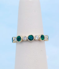 Load image into Gallery viewer, Bezel Set Emerald and Diamond Milgrain Band - 14K Yellow Gold