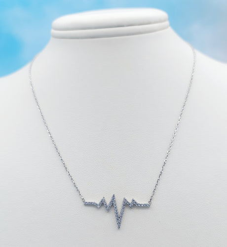 Adjustable CZ Heart Beat Necklace - Sterling Silver