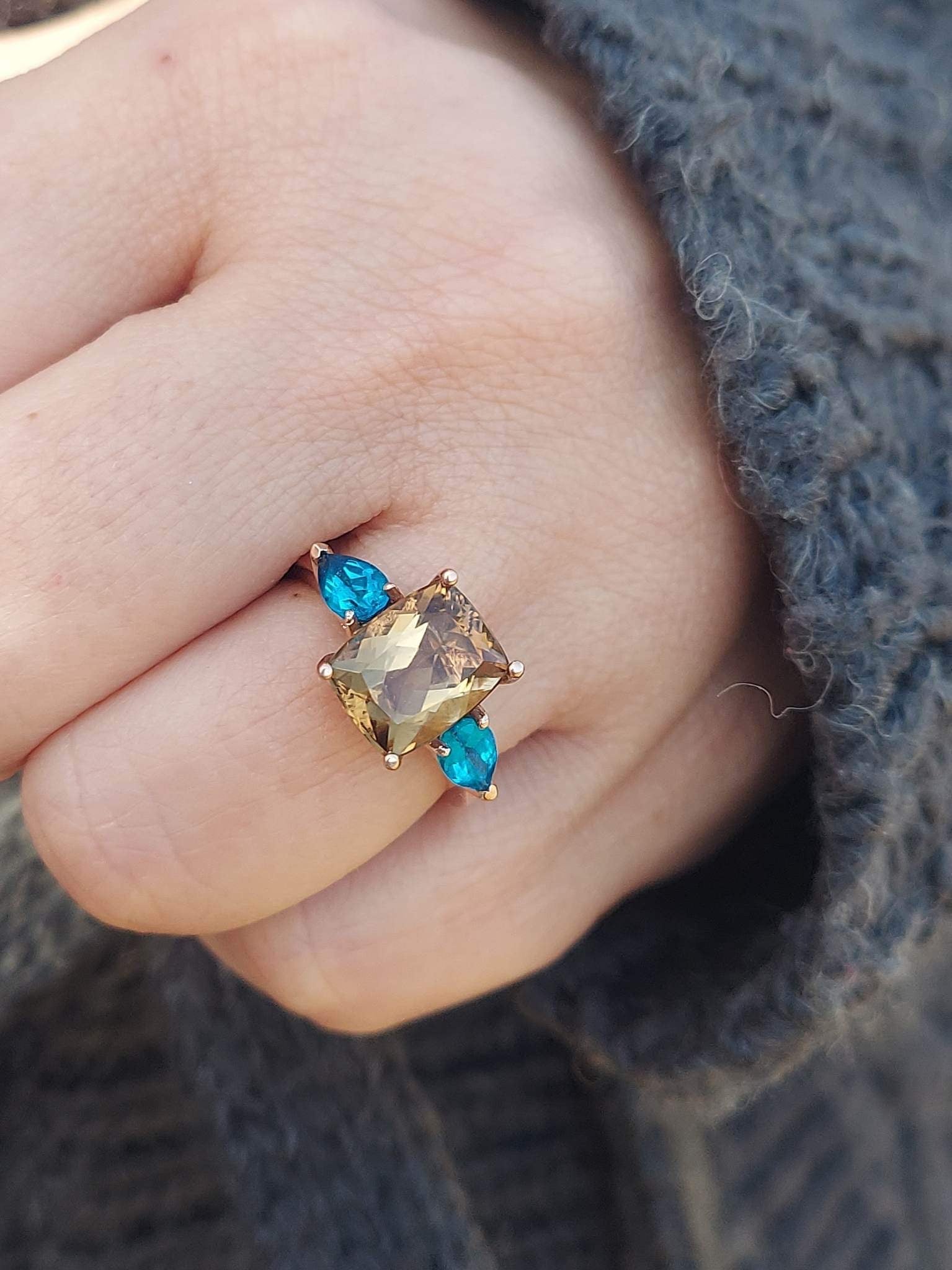 Honey Smokey Topaz and Blue Apatite Ring - 14K Rose Gold – Marie's