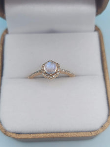 Rainbow Moonstone and Diamond Ring - 14K Rose Gold-  Marie's Custom Design