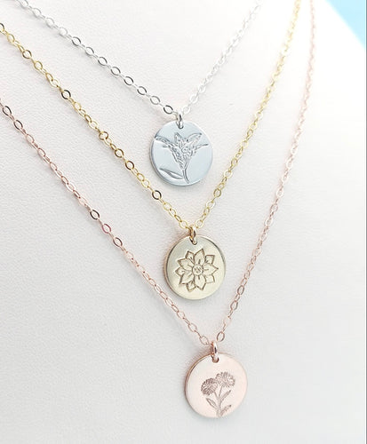 Birth Flower Disc Necklace- Sterling Silver