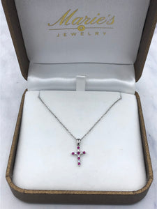 Ruby and Diamond Cross Necklace - 14K White Gold