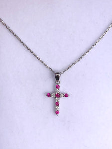 Ruby and Diamond Cross Necklace - 14K White Gold