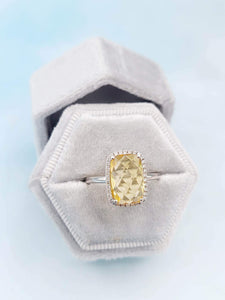 Checkerboard Citrine & Diamond Ring - 14K White Gold