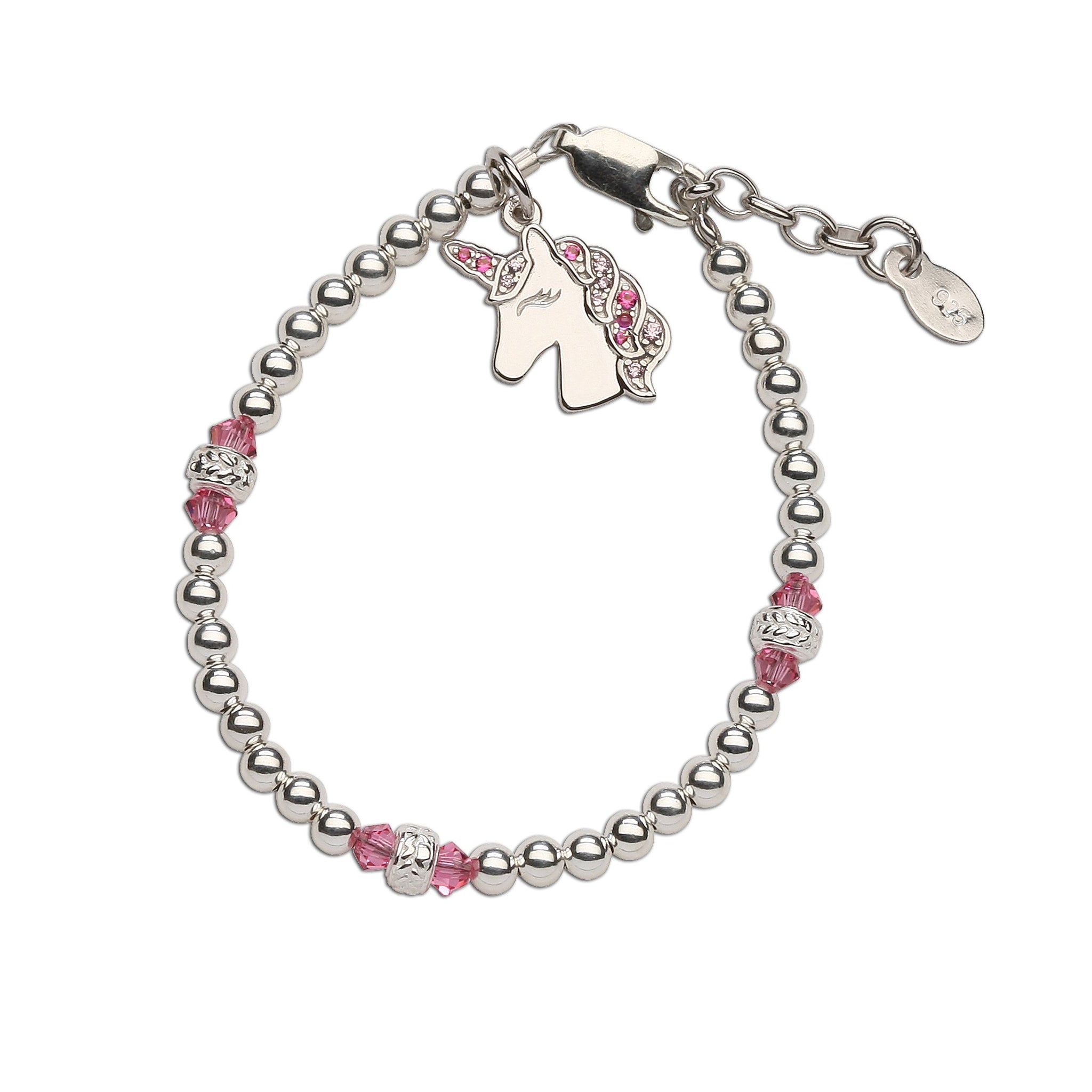 Sterling Silver Unicorn Bracelet with Mother of Pearl Inlay and Diamond Crystals 7.5