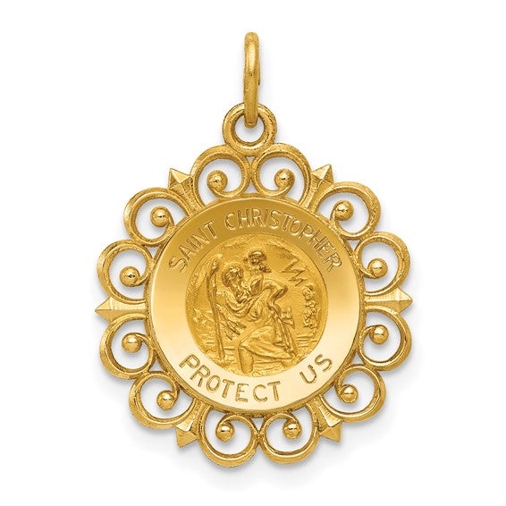 Saint (St) Christopher Medal with Round Filigree - 14K Yellow Gold