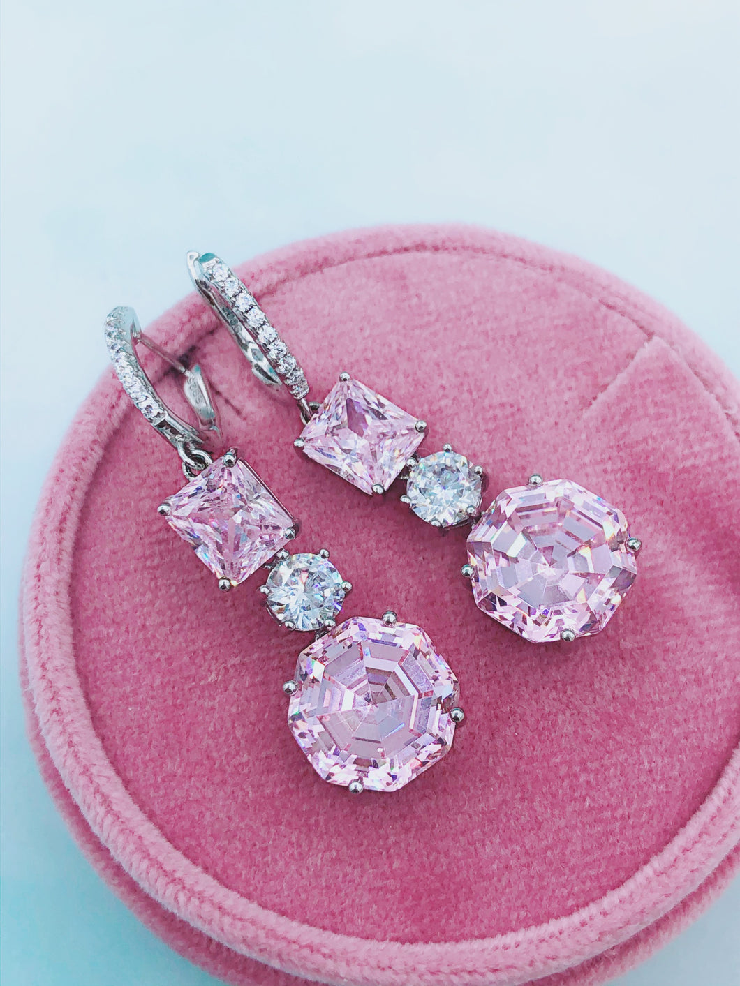 Art Deco Pink CZ Earrings - Sterling Silver