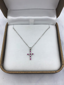 Ruby and Diamond Cross Necklace - 14K White Gold