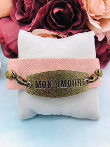 "Mon Amour" on Pink Leather Bracelet - Lenny and Eva