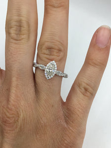 14K White Gold Marquise Diamond Engagement Ring with Diamond Halo and braided band