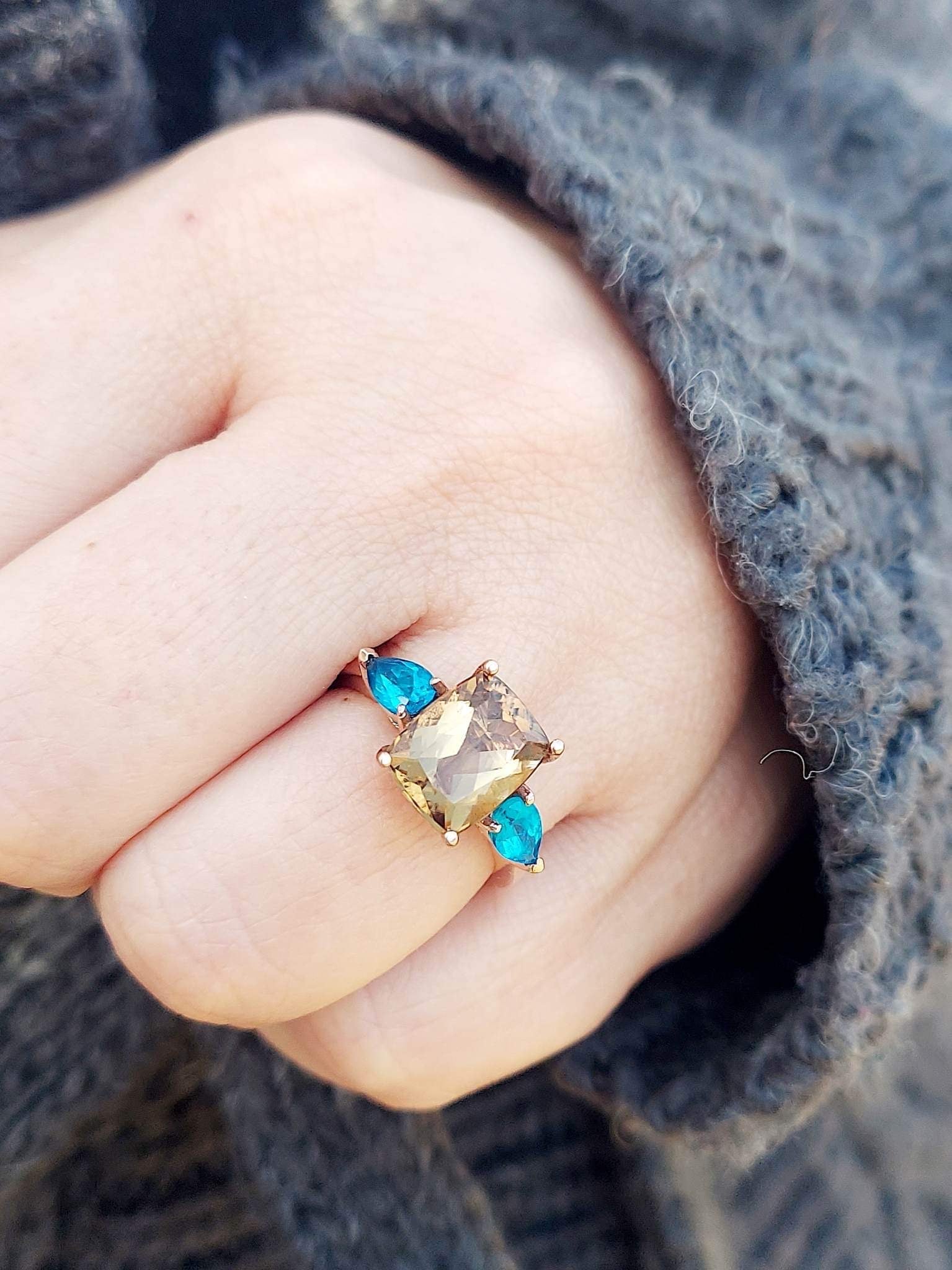 Honey Smokey Topaz and Blue Apatite Ring 14K Rose Gold