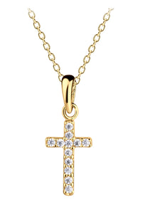 Children’s Cross Necklace w/ CZs for Girls- 14K Gold Plated