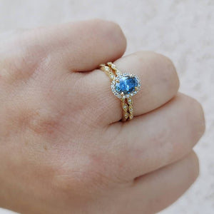 Blue Moissanite Diamond Ring & Matching Diamond Band