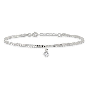 Fancy Contrast Anklet with CZ Drop - Sterling Silver