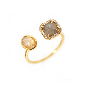 Adjustable Gold Ring with Labradorite and Cats Eye Stone