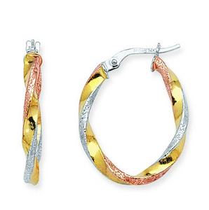Tri Color Twist Oval Hoops - 14K Gold