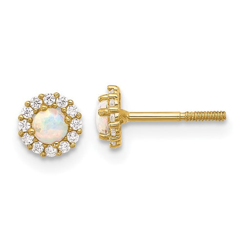 CZ and Created Opal Circle Screwback Post Earrings - 14K Yellow Gold
