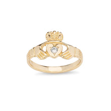 Load image into Gallery viewer, Claddagh Ring with Diamond - 14K Yellow Gold