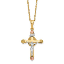 Load image into Gallery viewer, Tri Color Cross Necklace - 10K &amp; 14K Gold Filled