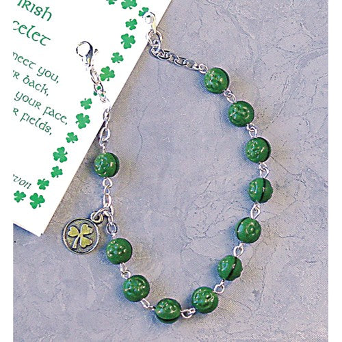 Silver-tone Green Glass Shamrock Bead Celtic 7.5 inch Bracelet *Retired*