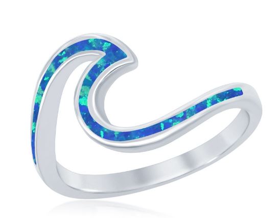 Blue Inlay Opal Wave Design Ring -Sterling Silver