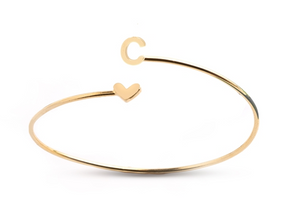 Heart and Letter Bypass Bangle - Gold