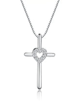 Load image into Gallery viewer, Sterling Silver Girls Cross Necklace CZ Heart for Communion