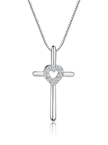 Sterling Silver Girls Cross Necklace CZ Heart for Communion