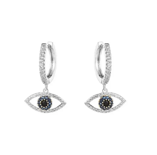 CZ Blue Evil Eye Hoop Earrings