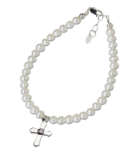 First Communion Pearl Bracelet with Cross - Sterling Silver