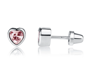 Heart Birthstone Earrings w/CZ & Screw backs - Sterling Silver