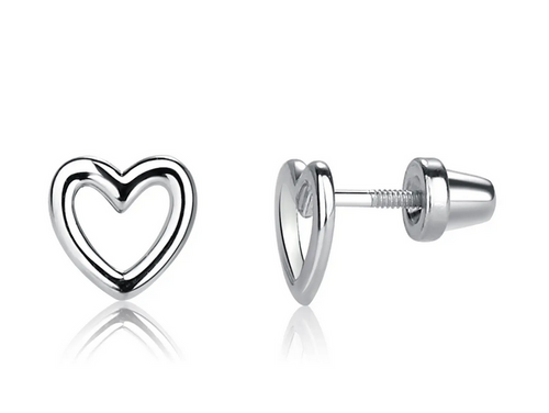 Hollow Heart Earrings for Kids - Sterling Silver Screw Back